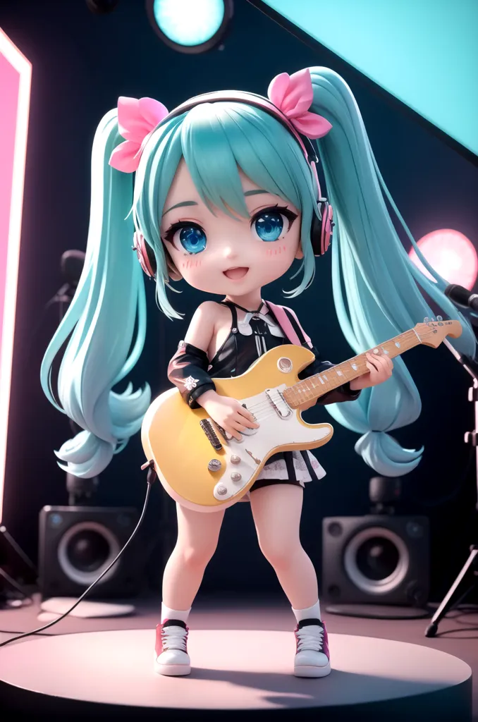 圖像顯示了初音未來這個由Crypton Future Media開發的Vocaloid軟件的一個超萌角色。她有着長長的水藍色雙馬尾,藍色的眼睛,頭髮上還有粉色的蝴蝶結。她穿着黑白相間的服裝,手裏拿着一把黃色的吉他。她站在一個舞臺上,周圍有揚聲器和聚光燈。舞臺後面有一個大屏幕,正在播放着炫麗的燈光秀。整個圖像的風格都是動漫或漫畫風格的。