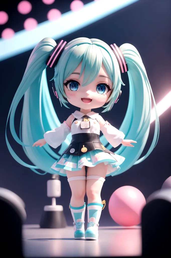 The image is a 3D rendering of a chibi version of the Vocaloid character Hatsune Miku. She is wearing her iconic outfit, which consists of a white blouse, a black vest, and a blue skirt. She is also wearing a pair of headphones and has her signature long, green hair. Miku is standing on a stage, and there is a spotlight shining on her. The background is a blur of pink and blue lights.