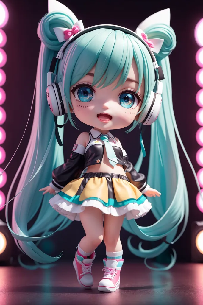 A imagem é de um personagem chibi com cabelos longos e de cor aqua, penteados em marias-chiquinhas. Ela está usando um casaco preto com uma blusa cropped amarela e uma saia plissada com seções amarelas e brancas. Ela também está usando tênis brancos e fones de ouvido. O personagem está em pé em um palco com um holofote rosa brilhando sobre ela. Há também holofotes de fundo.