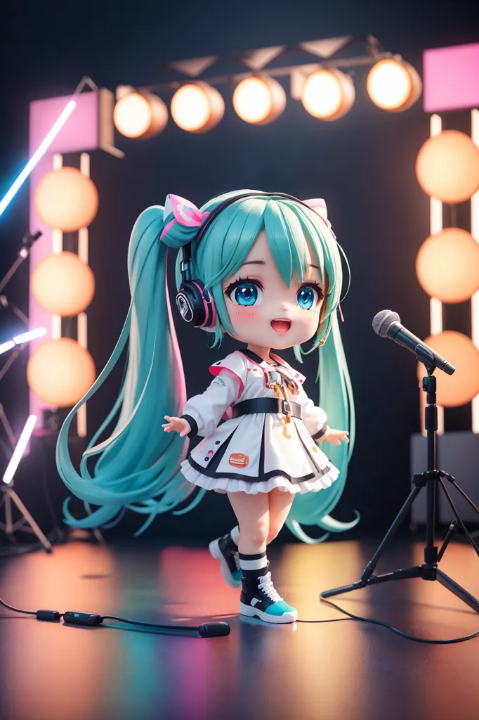 The image shows a chibi anime girl with long green hair and blue eyes. She is wearing a white and pink dress with a blue bow in her hair and headphones. She is standing on a stage with a microphone in front of her. There are spotlights on either side of her. The background is dark with a spotlight shining down on her.