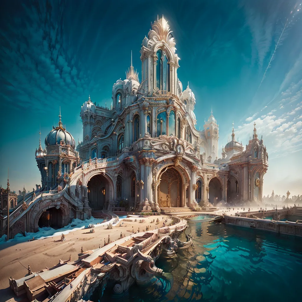 The image is of a beautiful palace with intricate details and a grand fountain in front of it. The palace is white and gold, with a blue roof and many windows. It is surrounded by lush greenery and has a large courtyard with a fountain in the center. The fountain is surrounded by statues of mythical creatures and has a large pool of water with a few boats floating in it. The sky is a clear blue with a few white clouds.