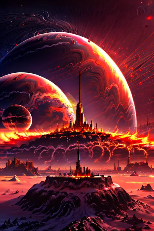 The image is set on a distant planet with two moons. The planet's surface is covered in red rocks and mountains. The sky is filled with red clouds. There is a city in the foreground. The city is made of tall buildings and towers. The buildings are made of red and orange materials. The city is surrounded by a wall. There are two large red moons in the sky. The moons are surrounded by red clouds.