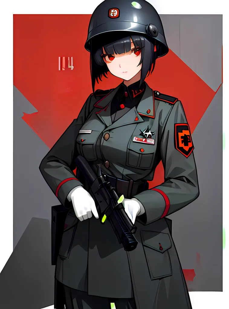 A imagem é de uma jovem mulher em uniforme militar. Ela está usando um capacete preto, um casaco militar cinza e uma braçadeira vermelha com um círculo branco e uma cruz preta no centro. Ela também está usando uma luva branca na mão direita e segurando uma arma. O fundo é branco e vermelho.