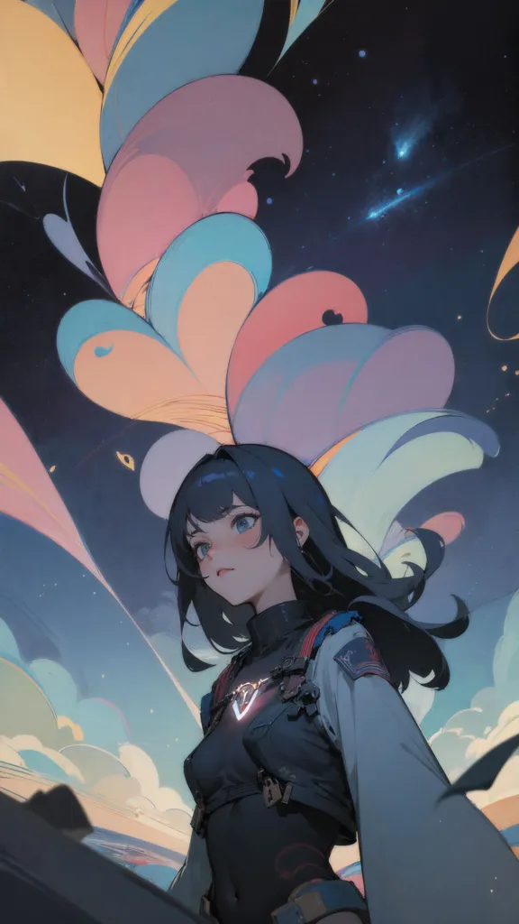 The image is of a young woman standing in a field, looking up at a large, colorful cloud. The cloud is made up of many different colors, including blue, pink, yellow, and green. The woman is wearing a white shirt and black pants. She has long, dark hair and blue eyes. The background of the image is a dark blue sky filled with stars.