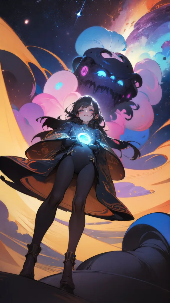 This is an image of a girl standing in a surreal landscape. She is wearing a black bodysuit and a long black coat with blue and purple details. She has long black hair and blue eyes. She is standing on a platform of some kind, and there is a large creature looming over her. The creature is black and has a large, gaping mouth. The girl is holding a small, glowing orb in her hands. The background is a swirling mass of clouds and stars.