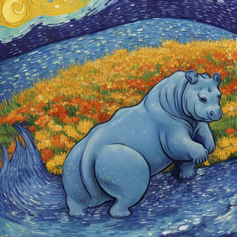 The image is a painting of a hippopotamus in a field of flowers. The hippopotamus is blue and the flowers are yellow, orange, and red. The painting is done in a style similar to that of Vincent van Gogh. The background is a swirling blue and green.