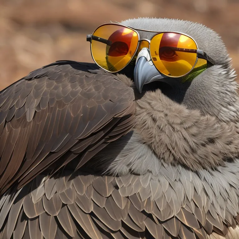 La imagen muestra un primer plano de un buitre con gafas de sol. El buitre mira hacia la derecha del encuadre. Su plumaje es de color gris oscuro y marrón, y su pico es amarillo. Las gafas de sol son negras y tienen un tinte amarillo. El buitre tiene una expresión relajada en su rostro.