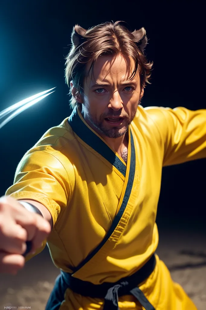 This image shows a man with dark hair and brown eyes. He is wearing a yellow shirt and black pants. He has cat ears and is in a fighting stance. His right hand is extended with claws out in front of him.