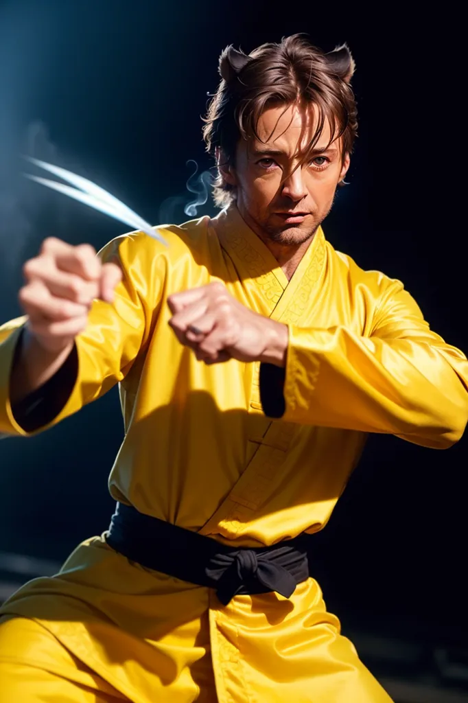 This image shows a man in a yellow kung fu uniform with a black belt. He has his fists raised in a fighting stance. He has two claws protruding from the back of his hands. He has short brown hair and brown eyes. He is standing in a dark room with a spotlight shining on him.