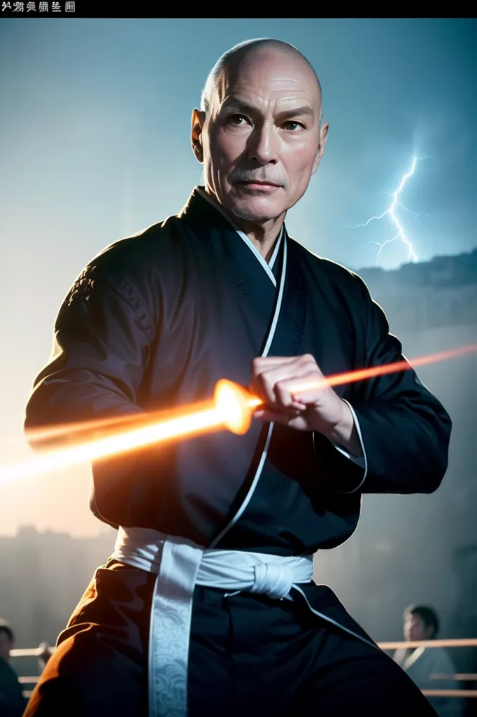 The image shows a bald Asian man in a black martial arts uniform with a white belt. He has a serious expression on his face and is looking at the viewer. He is standing in a fighting stance, with his left fist raised in front of him and his right fist at his side. There is a bright light in his left hand. There are storm clouds in the background and a bolt of lightning is visible in the distance.