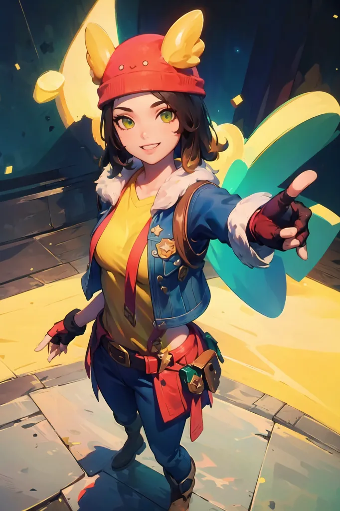 The image shows an anime-style girl with a red beanie and a yellow and green fairy wing. She is wearing a yellow shirt, a blue jacket, and red pants. She has brown hair and green eyes. She is smiling and pointing at the viewer. There are also some yellow objects floating in the background.