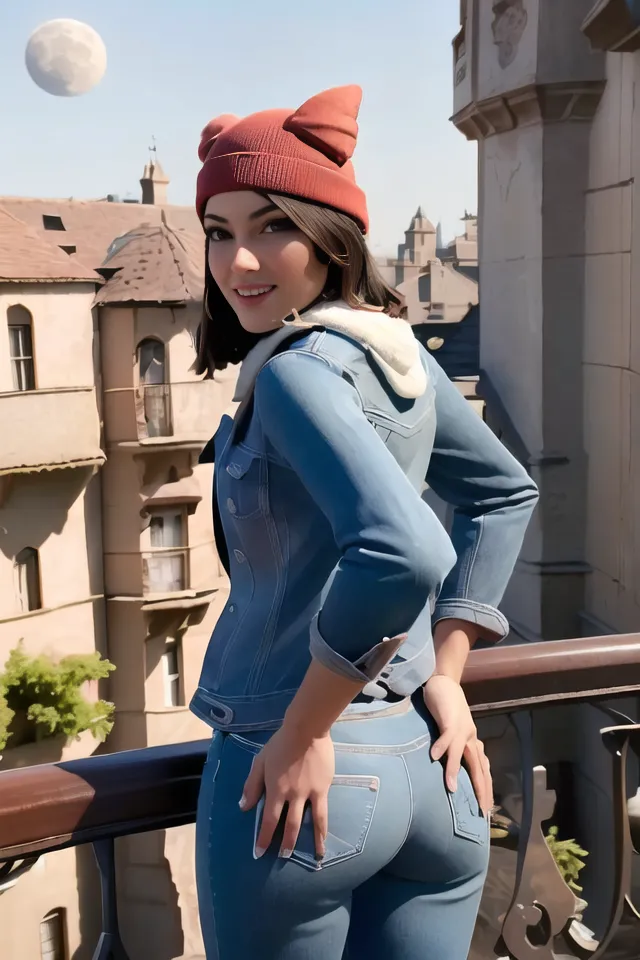 The image shows a young woman standing on a rooftop in a European city. She is wearing a red beanie with cat ears, a denim jacket, and jeans. She has her hands on her hips and is looking back at the camera with a smile on her face. The background of the image is a cityscape with buildings and a large moon in the sky.