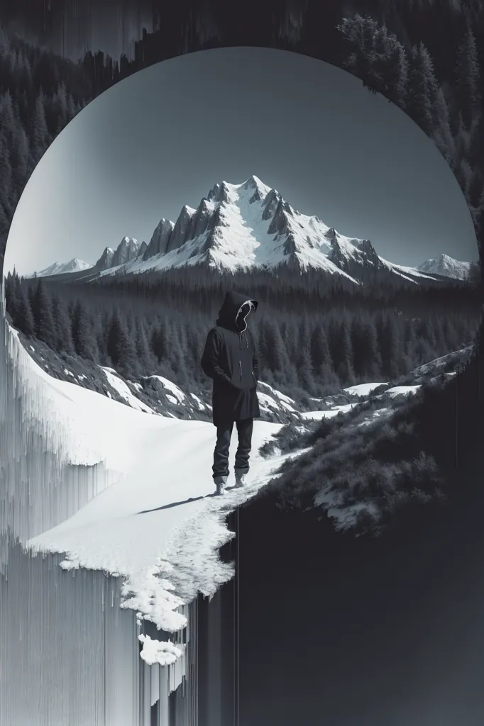 The image is in black and white. It shows a person in a black hoodie standing on a snowy mountaintop. The person is looking out at the view. The mountain range is in the distance behind them. The sky is cloudy. The image is very detailed. The person's clothing and the snow are very realistic.