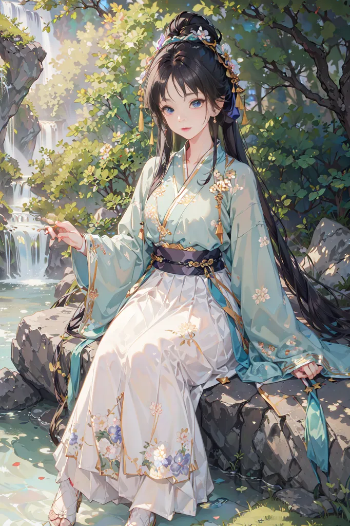 The image is a painting of a young woman in a white and blue dress with long black hair. She is sitting on a rock in a forest with a waterfall in the background. The woman is holding a fan in her right hand. She is wearing a white and blue hairpiece. The image is very detailed and the colors are vibrant. The woman's expression is serene and she seems to be enjoying the peace of the forest.