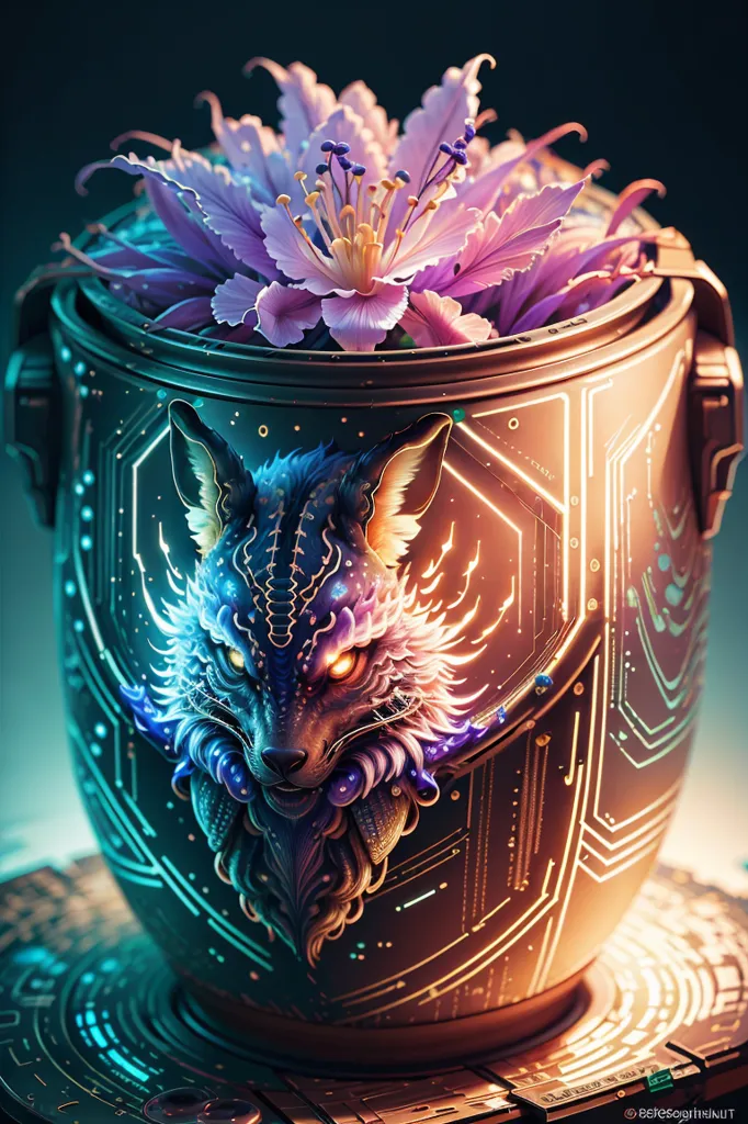 La imagen es un renderizado 3D de un jarrón de flores con una cabeza de lobo en él. El jarrón está hecho de metal y tiene una luz azul brillante que sale del interior. La cabeza del lobo también está hecha de metal y tiene ojos amarillos brillantes. La flor es de color púrpura y tiene un centro amarillo. La imagen se establece contra un fondo oscuro con una luz azul brillante en la parte inferior.