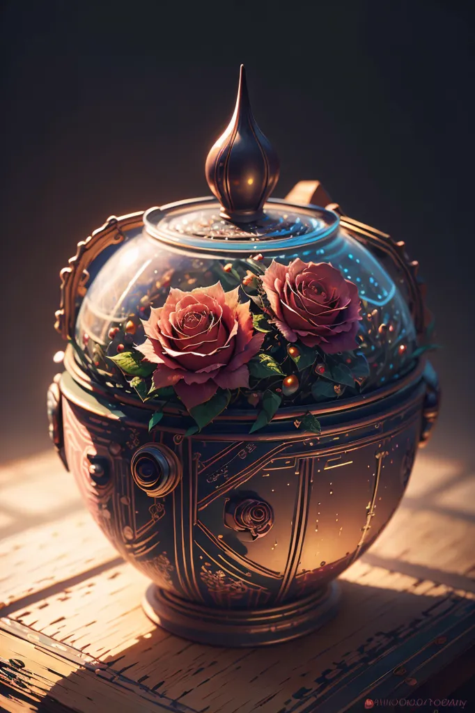 L'image est un rendu 3D d'un récipient de style steampunk en verre et en métal avec un dessus décoratif. À l'intérieur du récipient se trouvent deux roses roses avec des feuilles vertes. Le récipient est posé sur une surface en bois. L'arrière-plan est sombre avec un projecteur éclairant le récipient.