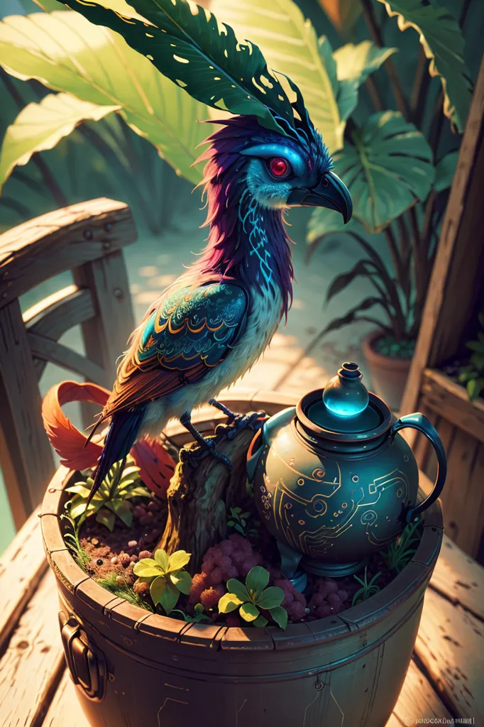 The image is a digital painting of a bird with a blue head, purple crest, and orange tail. The bird is sitting on a branch in front of a blue vase with a lid. The branch is in a wooden bucket with dirt and green plants. The bird has red eyes and is looking at the vase. The background is a blur of green leaves.