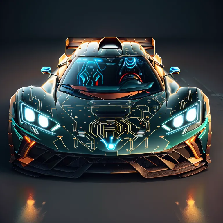 The image is a dark green and black futuristic sports car. It has a sleek design and sharp angles. The car is lit up with blue and green lights, and has a glowing blue engine. The car is surrounded by a dark background, with two small orange lights reflecting on the surface below the car.