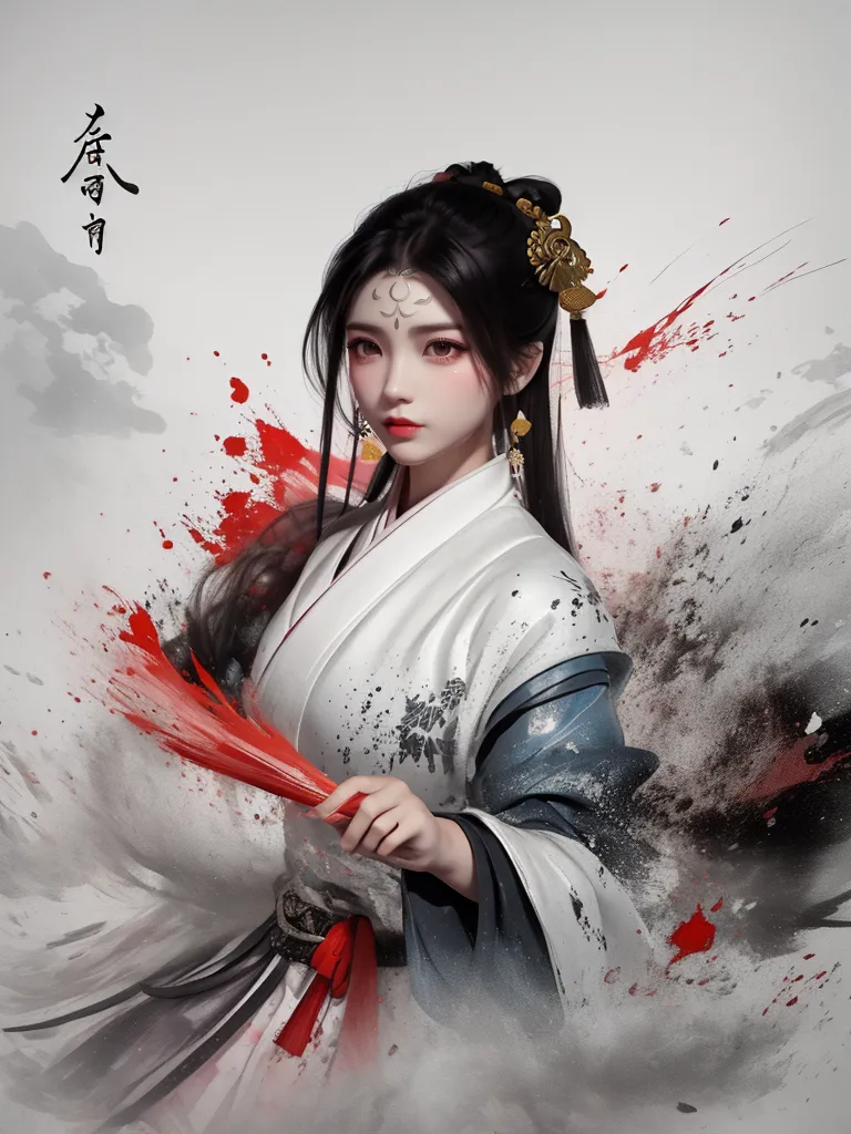 The image is a painting of a young woman in a white and blue kimono. She has long black hair and red and pink eyeshadow. She is holding a red fan. The background is white with red and black ink splatters. There are also some Chinese characters on the left side of the image.