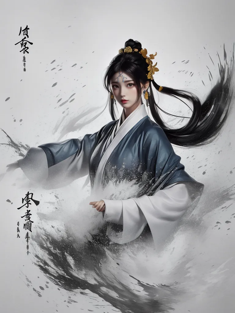 A imagem é de uma jovem mulher vestida com um vestido tradicional chinês. Ela tem cabelos pretos longos e está segurando uma espada. O fundo é branco com algumas manchas de tinta. A expressão da mulher é séria e determinada. Ela está em uma postura poderosa, pronta para atacar.