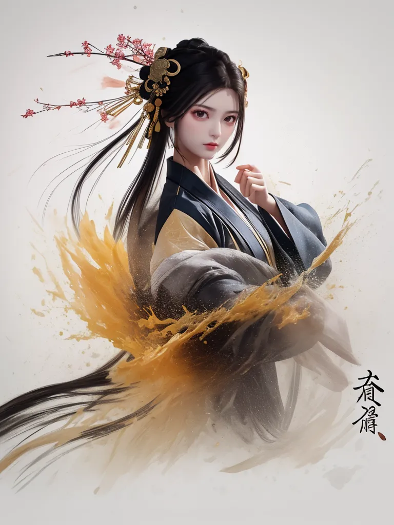 The image is a painting of a beautiful Chinese woman in a traditional Chinese dress. She has long black hair, red lips, and a gentle smile. She is wearing a blue and white dress with a long flowing skirt. The background is a white void with a splash of yellow-orange ink. The painting is done in a realistic style and the woman's expression is serene and peaceful.