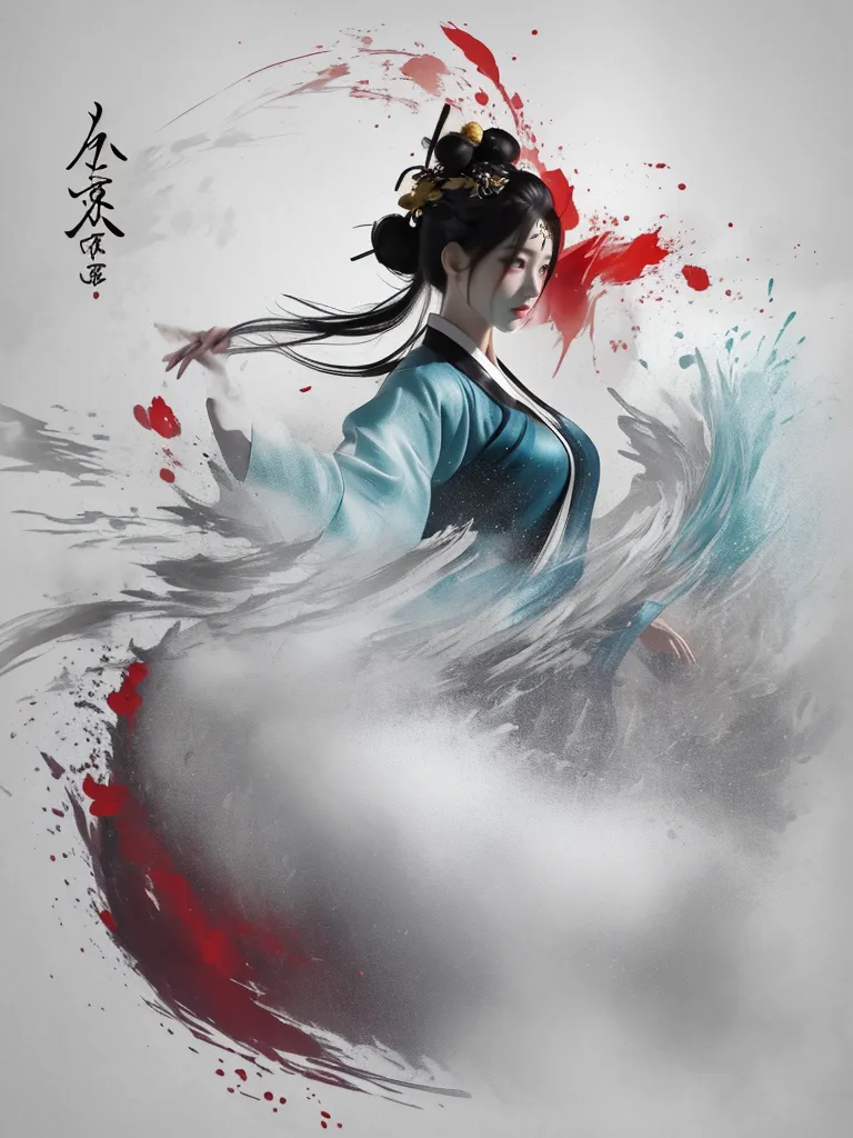 The image is a painting of a Chinese woman in a blue and white dress. She is standing in a graceful pose, with her right hand raised and her left hand holding the edge of her dress. Her long black hair is flowing behind her. The background is a swirling mass of clouds and water, with red and white splashes. The painting is done in a realistic style, with fine detail and shading. The woman's face is serene and beautiful, and her eyes are downcast. She is wearing a traditional Chinese headdress and jewelry. The painting is likely a depiction of a goddess or celestial bein