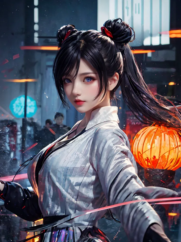 The image is a portrait of a young woman with long black hair and blue eyes. She is wearing a white and silver kimono and holding a sword. The background is a blurred city street with lanterns and people walking around. The woman is standing in a confident pose, with her feet shoulder-width apart and her eyes narrowed. She is holding the sword in her right hand, with the blade pointing down. The woman's expression is serious and determined. She is wearing a white and silver kimono with a red obi. The kimono is decorated with intricate patterns. The woman's hair is long and black, and it is tied up in a bun. She is wearing a pair of silver earrings. The background of the image is a blurred city street. The street is lined with buildings and there are people walking around. There are also a number of lanterns hanging from the buildings. The image is set at night and the lights from the lanterns are reflected in the woman's eyes.