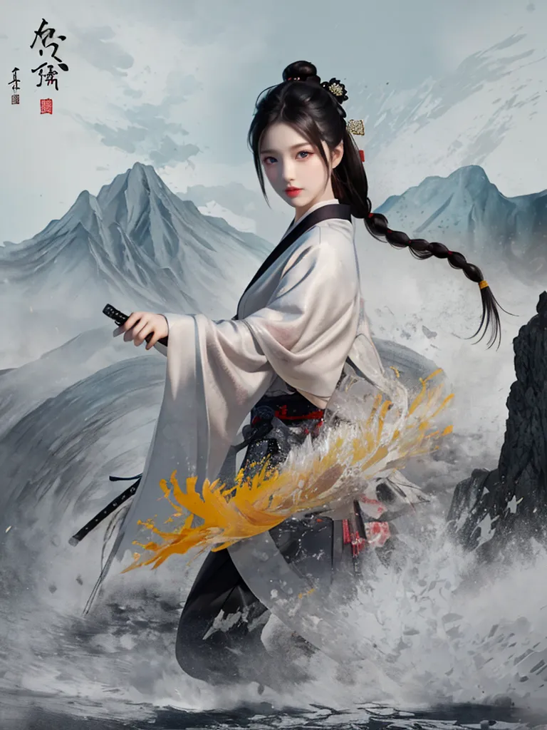 The image is of a beautiful young woman standing on a rock in a river. She is dressed in a white kimono with a black obi and is holding a samurai sword. She is looking to the left of the frame. The background is of a mountain landscape with a waterfall. The image is in a Japanese anime style.