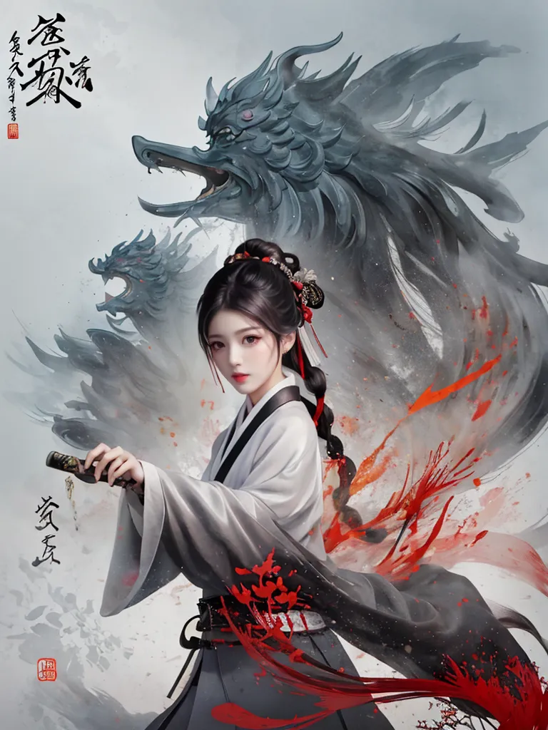 The image is a Chinese painting of a woman in a white and gray robe with a sword in her hand. She has long black hair and red eyes, and is standing in front of a gray background with a red splash. There are two dragons behind her, one on each side. The painting is done in a realistic style, and the woman's expression is one of determination and focus. She is clearly a skilled warrior, and the dragons are likely her companions or allies. The painting is likely a scene from a Chinese legend or story.
