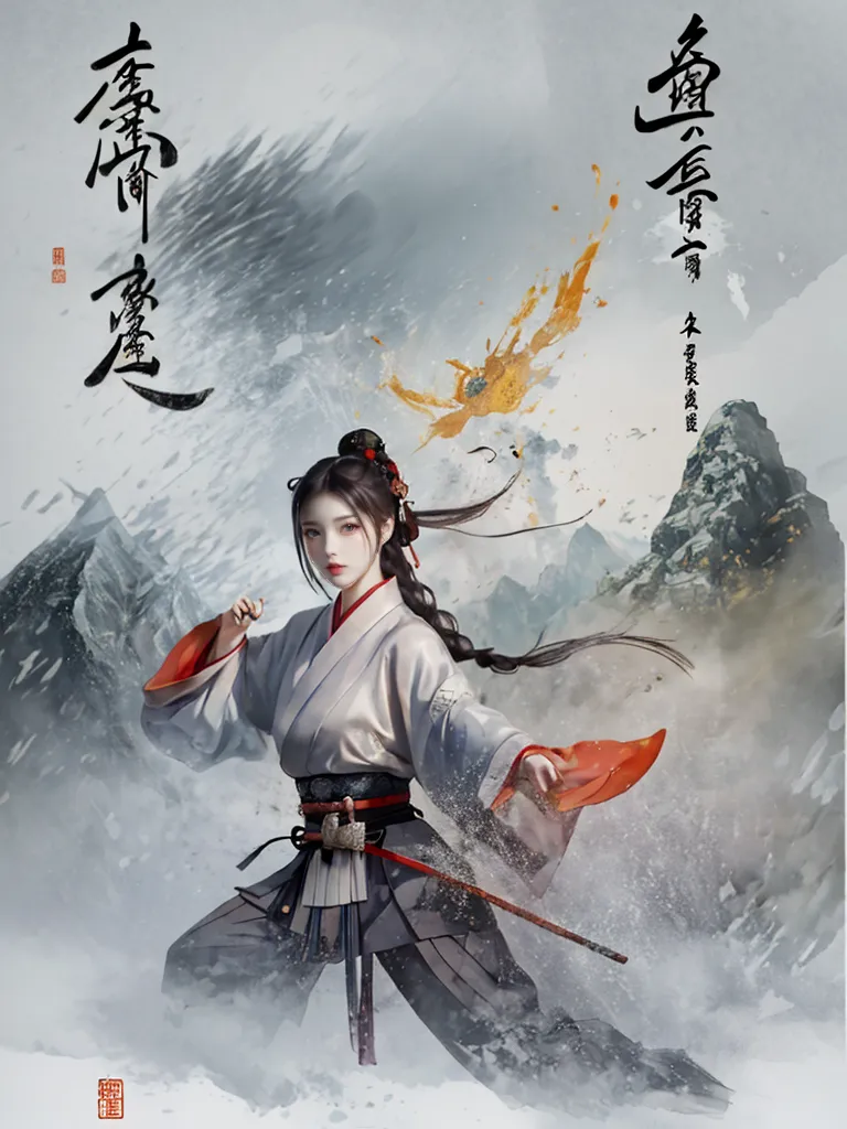 The image is a painting of a young woman in a white and gray martial arts outfit. She has long black hair and brown eyes. She is standing in a snowy landscape, with mountains in the background. She is holding a sword in her right hand and is in a defensive stance. The painting is done in a realistic style, and the woman's expression is one of determination and focus.