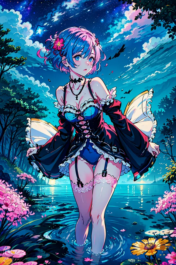 The image is a painting of a young woman standing in a lake. The woman is wearing a blue and black dress with a white camisole. She has blue hair and pink eyes, and she is barefoot. The lake is surrounded by trees and flowers, and the sky is dark and starry. There is a full moon in the sky. The woman is looking at the viewer with a serene expression.