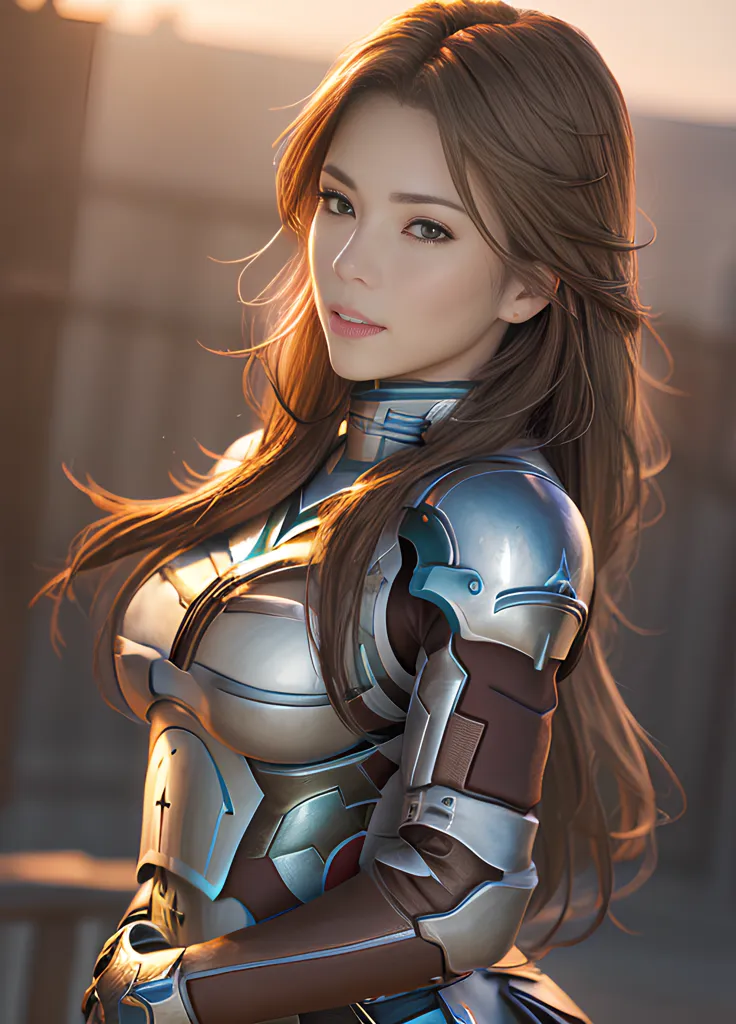 This is an image of a beautiful young woman with long brown hair. She is wearing a silver and brown armor. The armor has a cross on the chest plate. She is looking at the viewer with a slight smile on her face. She is standing in a confident pose, with her feet shoulder-width apart and her hands on her hips. The background is blurry, but it looks like she is standing in a courtyard or other outdoor area.