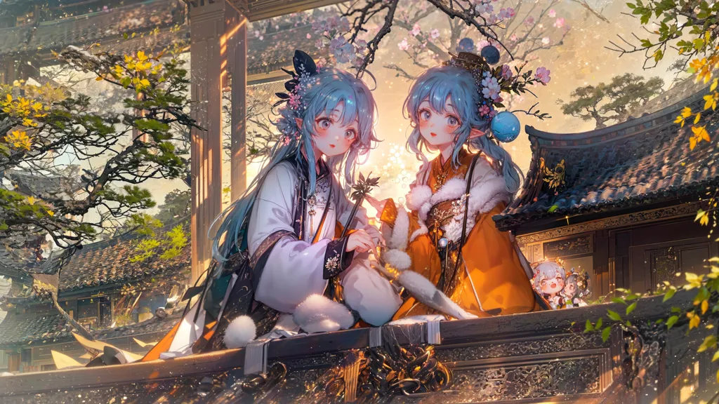 The image is of two anime girls in a Chinese setting. The girl on the left is wearing a white and blue outfit, while the girl on the right is wearing an orange and white outfit. They are both sitting on a railing, and there is a tree with pink blossoms behind them. There is also a small child sitting on the railing on the right side of the image.