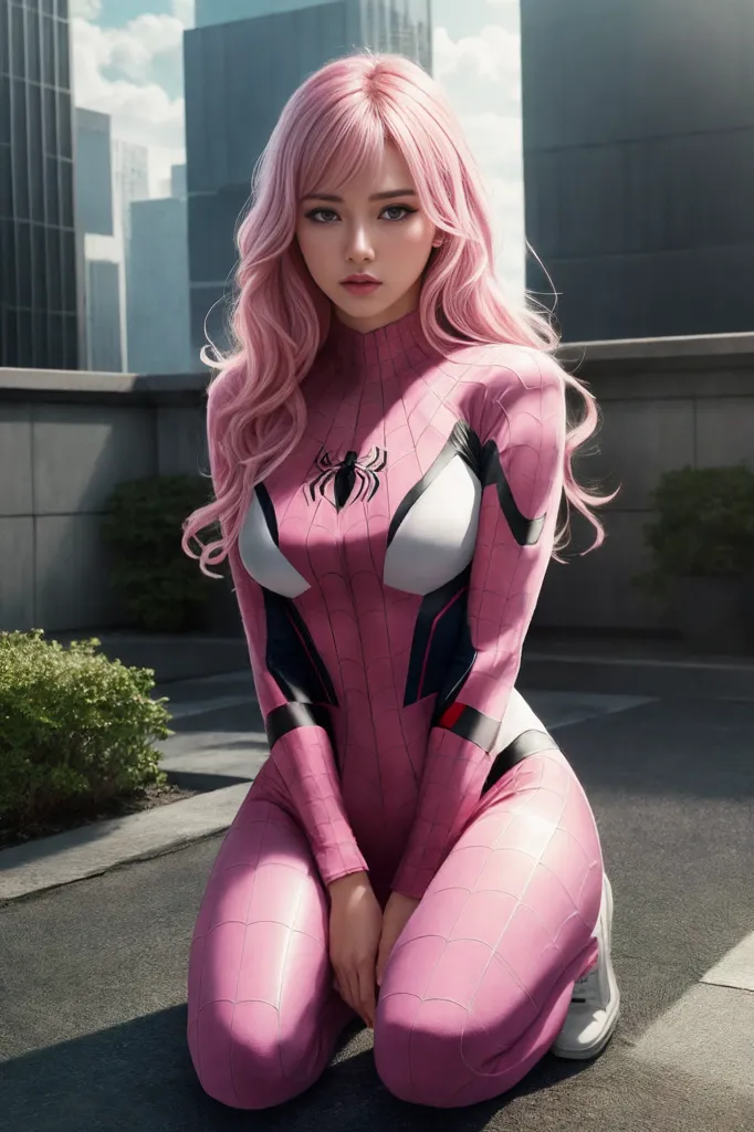 The image depicts a young woman with pink hair dressed in a pink and white Spider-Man suit. She is kneeling on a rooftop with a city skyline in the background. The woman has her hands together in front of her and is looking at the camera. She has a serious expression on her face.