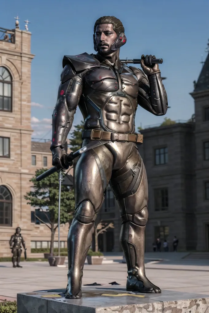 The image depicts a statue of a man in a futuristic suit of armor. The statue is made of metal and has a very detailed design. The man is standing in a powerful pose, his feet shoulder-width apart and his arms at his sides. He is wearing a helmet that covers his entire head, and his eyes are narrowed in a determined expression. The statue is mounted on a stone pedestal, and there are several buildings in the background.