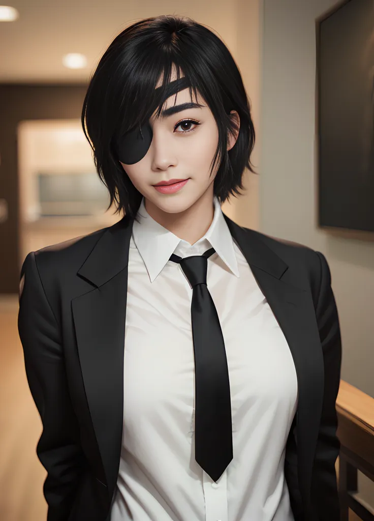 The image shows a young woman with short black hair and an eye patch over her right eye. She is wearing a white dress shirt, black tie, and black suit jacket. She has a confident expression on her face and is looking at the viewer with her left eye. The background is blurred and is a light color.