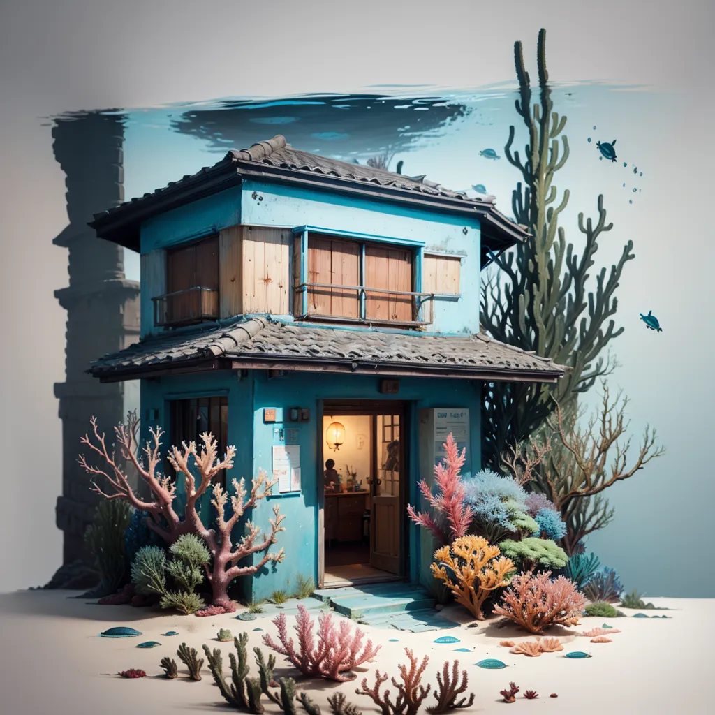 The image is a diorama of a Japanese house. The house is blue and has a grey roof. The house is surrounded by coral and other sea life. There is a large coral reef to the right of the house and a large plant with long green leaves to the left of the house. There are also several small fish and two turtles swimming around the house. The image is very detailed and realistic.