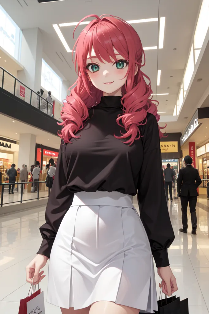 The image shows a young woman with pink hair and green eyes. She is wearing a black turtleneck blouse and a white skirt. She is carrying two shopping bags. The background is a shopping mall with people walking around.