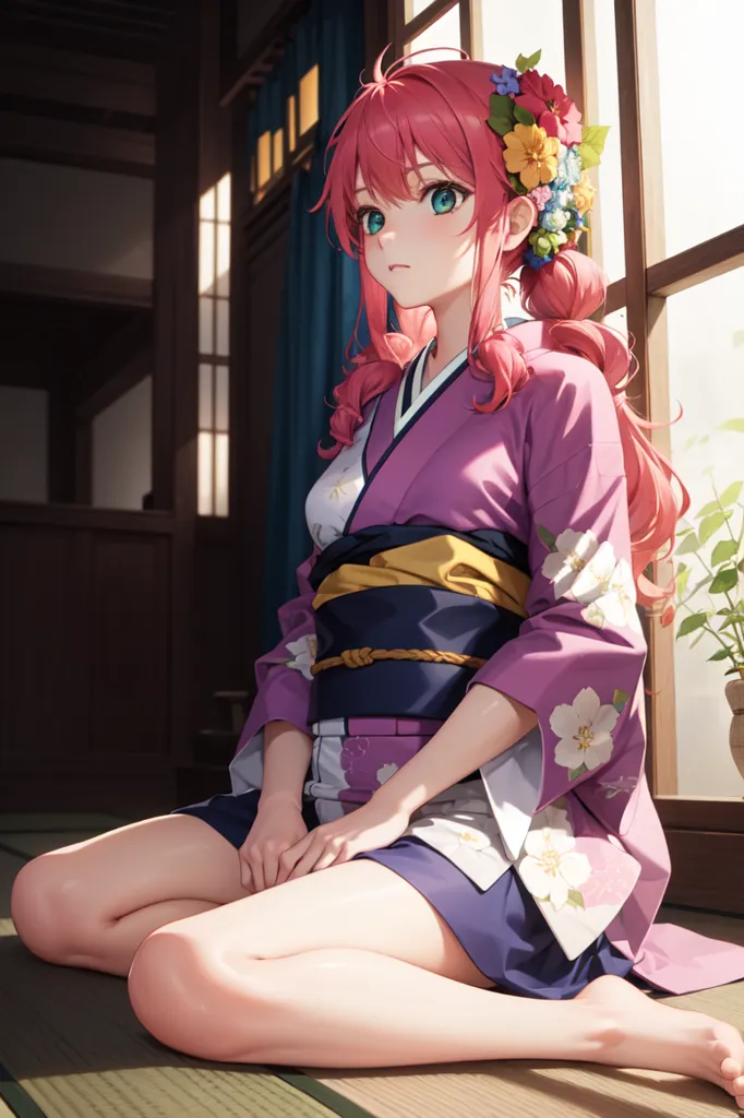 La imagen es una pintura de una mujer joven con un kimono. Tiene el cabello rosa y los ojos verdes, y lleva un kimono rosa y morado con un patrón floral. Está sentada en el suelo con las piernas cruzadas y tiene una expresión pensativa en su rostro. El fondo es una mezcla borrosa de colores claros y oscuros.