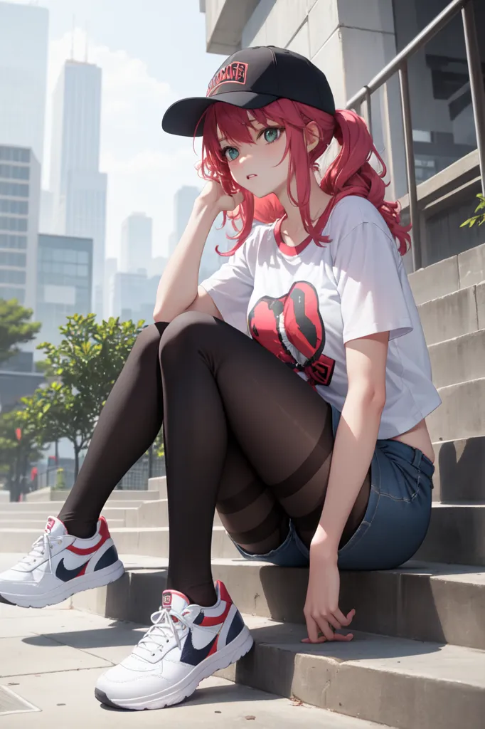 The image shows a young woman with pink hair and red eyes. She is wearing a white shirt, a black cap, and denim shorts. She is sitting on the steps in an urban setting with trees and buildings in the background. She is wearing black stockings and white sneakers with red and blue accents. She is looking at the viewer with a slightly sad expression.