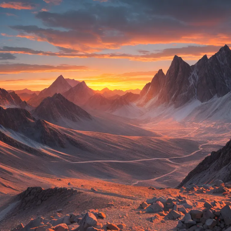 The image shows a beautiful mountain landscape. The sky and clouds are a brilliant orange that fades into darkness at the edges of the image. The sun is setting behind the mountains, and its rays are casting a golden glow over the landscape. The mountains are covered in snow. There is a valley in the foreground of the image, and a river can be seen winding its way through it. The mountains in the background are very tall and jagged. The image is very peaceful and serene.