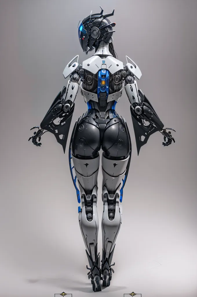 The image shows the back of a female robot. The robot is white and blue with black accents. It has a sleek design and looks very powerful. The robot is standing with its arms outstretched and its head turned to the side. It has a small waist and a large butt. Its legs are long and slender and its feet are pointed. The robot has a lot of detail and looks very realistic.