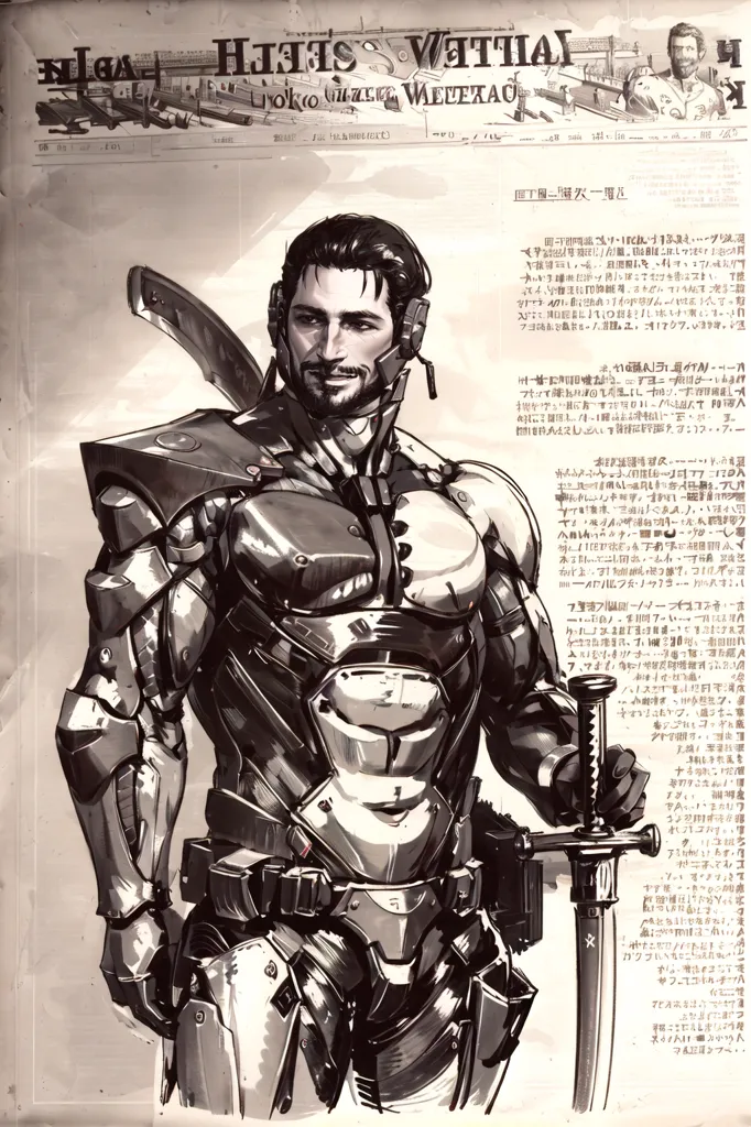 The image shows a man wearing a futuristic suit of armor. The armor is made of metal and has a black and silver color scheme. The man is also wearing a helmet that has a visor. He is holding a sword in his right hand. The background of the image is a newspaper article written in Japanese.