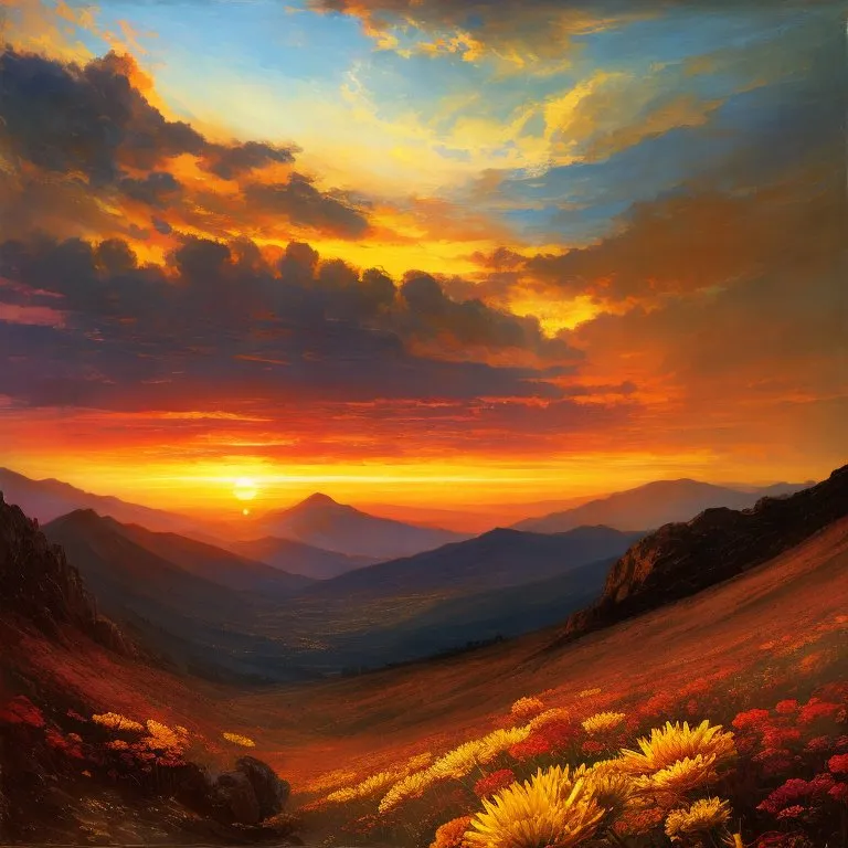 A imagem é uma bela pintura de paisagem. Ela mostra uma cordilheira ao pôr do sol. O céu e as nuvens são de um laranja brilhante que se desvanecem na escuridão nas bordas da pintura. As montanhas são escuras e azuis, com alguns toques de verde e roxo. O primeiro plano da pintura é um campo de flores amarelas. As flores têm formas e tamanhos diferentes, e todas estão em flor. Há uma grande rocha no canto inferior esquerdo da pintura e um pequeno riacho fluindo pelo campo. A pintura é muito pacífica e serena, e ela captura a beleza da natureza em seu melhor.