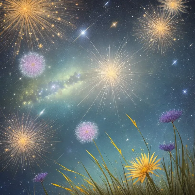 A imagem é um belo céu noturno repleto de estrelas e fogos de artifício. Os fogos de artifício são de várias cores, incluindo amarelo, laranja, roxo, verde e azul. Eles estão explodindo em diferentes formas e tamanhos, alguns deles formando flores. O céu noturno é azul escuro e há algumas nuvens ao fundo. Há um campo de grama e flores em primeiro plano. As flores são amarelas, roxas e brancas. A grama é verde e há alguns talos de grama altos em primeiro plano. A imagem é muito pacífica e serena.