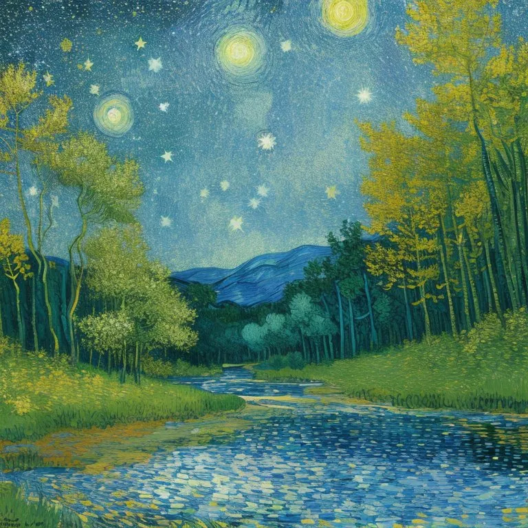 The painting is a beautiful landscape of a forest at night. The sky is dark and filled with stars, and the trees are silhouetted against the sky. The river is calm and still, and the only sound is the gentle lapping of the water against the shore. The painting is done in a style that is reminiscent of Vincent van Gogh, with its thick brushstrokes and vibrant colors.