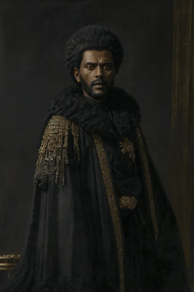 This is a portrait painting of a man with dark skin and an afro hairstyle. He is wearing a black cape or cloak with gold trim and a white shirt with a gold necklace. The background is dark brown. The man's expression is serious and thoughtful.