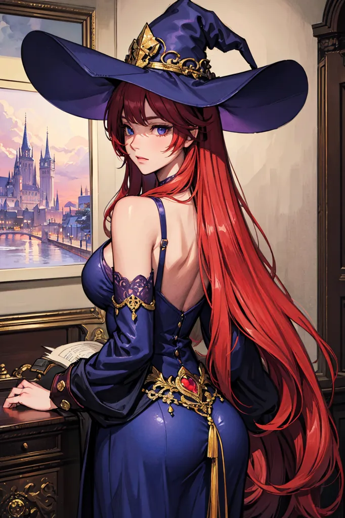 La imagen es de una hermosa mujer joven con cabello rojo largo y ojos púrpura. Lleva un vestido azul revelador con una abertura hasta el muslo y un sombrero a juego. Está de pie frente a una gran ventana que da a un paisaje urbano. Hay un libro sobre la mesa junto a ella.