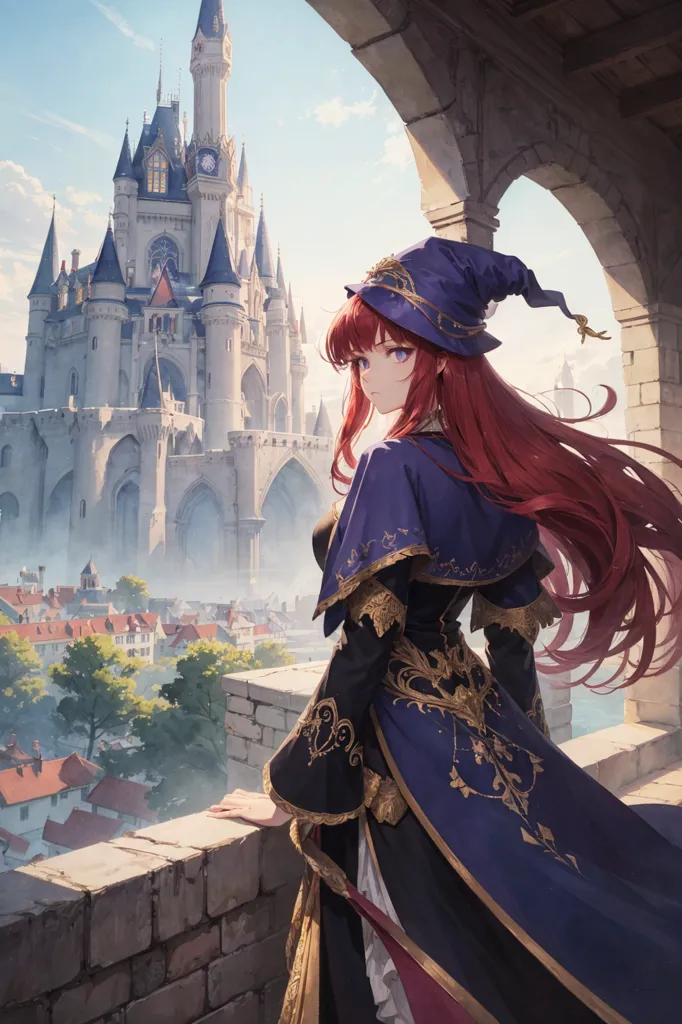 This image shows a young woman standing on a balcony, looking out at a fantasy castle. The woman is wearing a long purple dress with a white camisole and a black cape. She has long red hair and purple eyes, and she is wearing a witch's hat. The castle is made of white stone and has a blue roof. It is surrounded by trees and mountains.