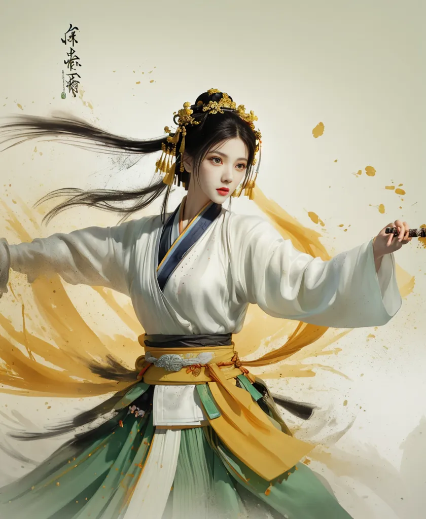 This is an image of a beautiful woman in a white and green dress. She has long black hair and is wearing a traditional Chinese headdress. She is also holding a sword. The background is a light yellow color.